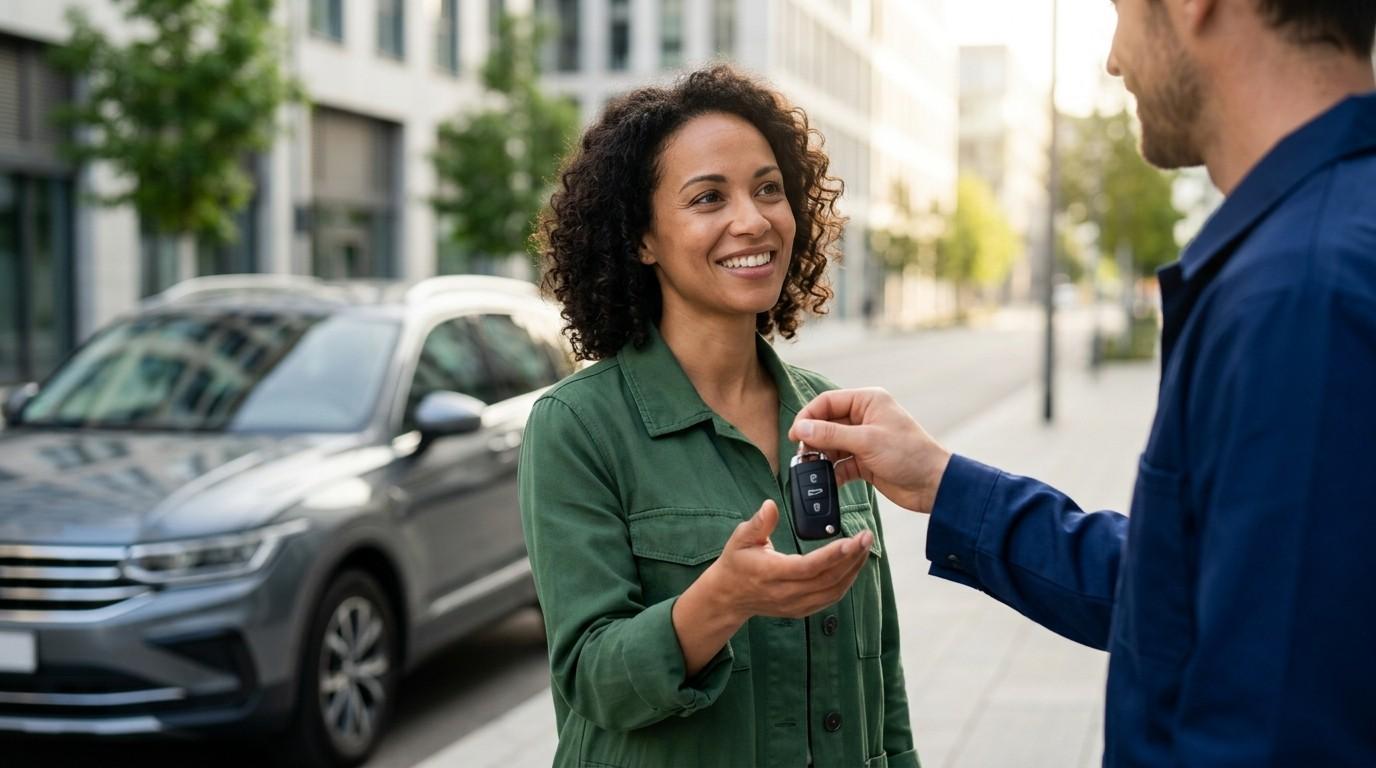 Locksmith handing car key fob to smiling customer beside parked vehicle.