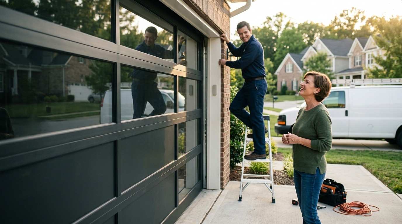 A technician works on a garage door while the homeowner watches outside.