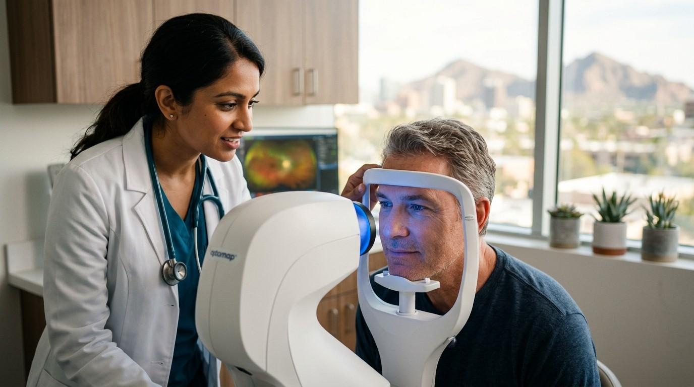 An eye care professional performs an advanced Optomap retinal exam on a patient using modern imaging technology in a bright Phoenix eye clinic.