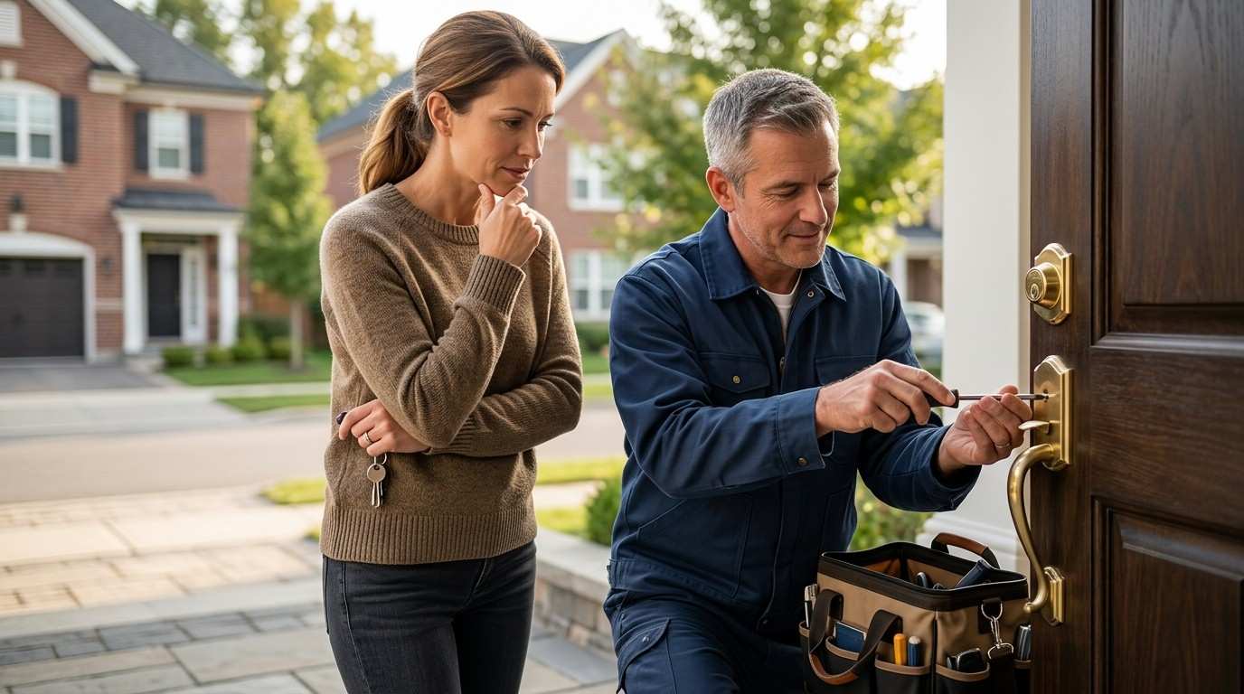 A locksmith repairs a faulty front door lock while a homeowner watches the service.