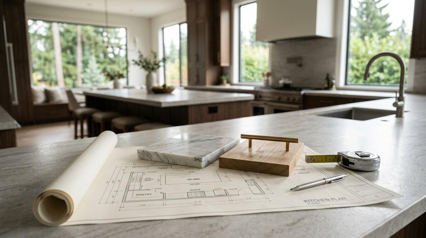 Kitchen remodeling plans displayed on a countertop with marble and wood samples, cabinet hardware, a tape measure, and a pen in a modern kitchen.